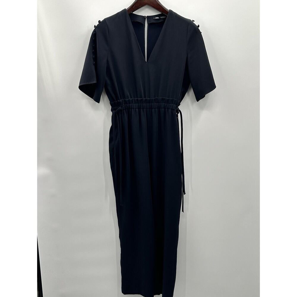 Zara Jumpsuit Women’s M Navy Elastic Waist V-neck Short Sleeve Split Back Pocket
